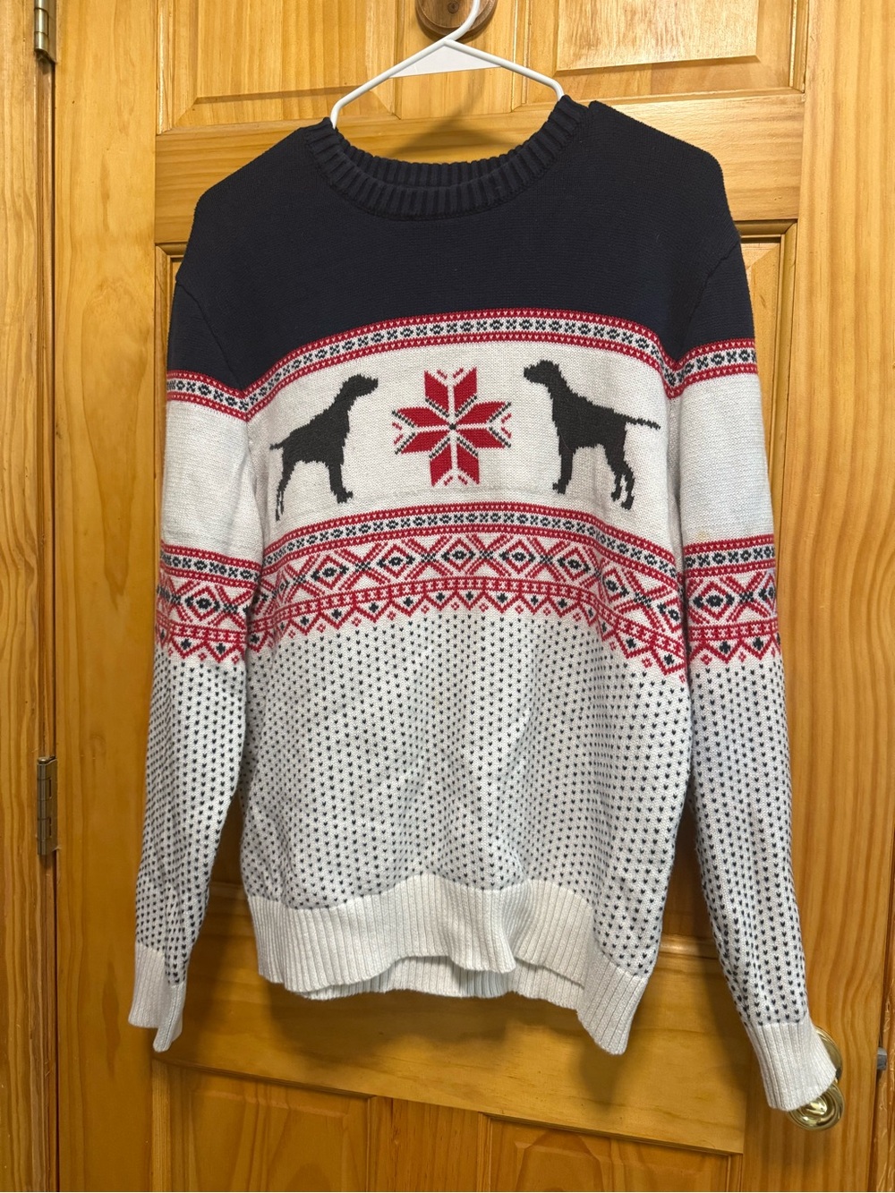 St. John's Bay Navy, White and Red Fair Isle Dog Crewneck Sweater size L